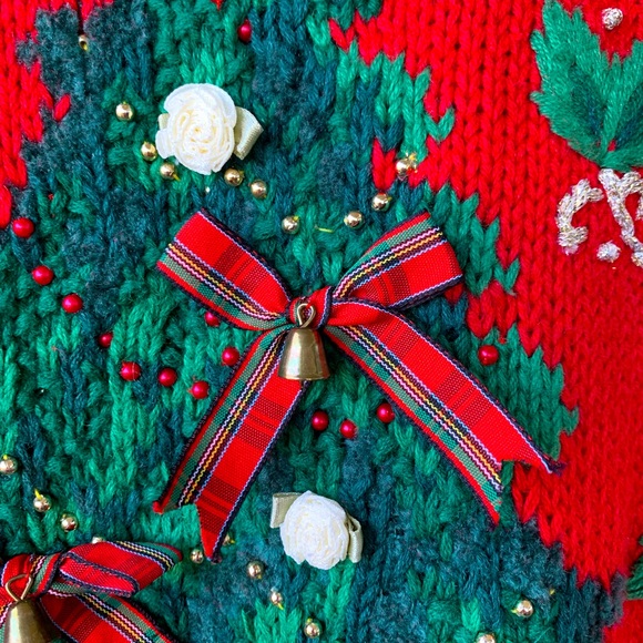 Tiara International Red Christmas Tree Vintage Sweater with Bows and Bea… - Picture 7 of 10